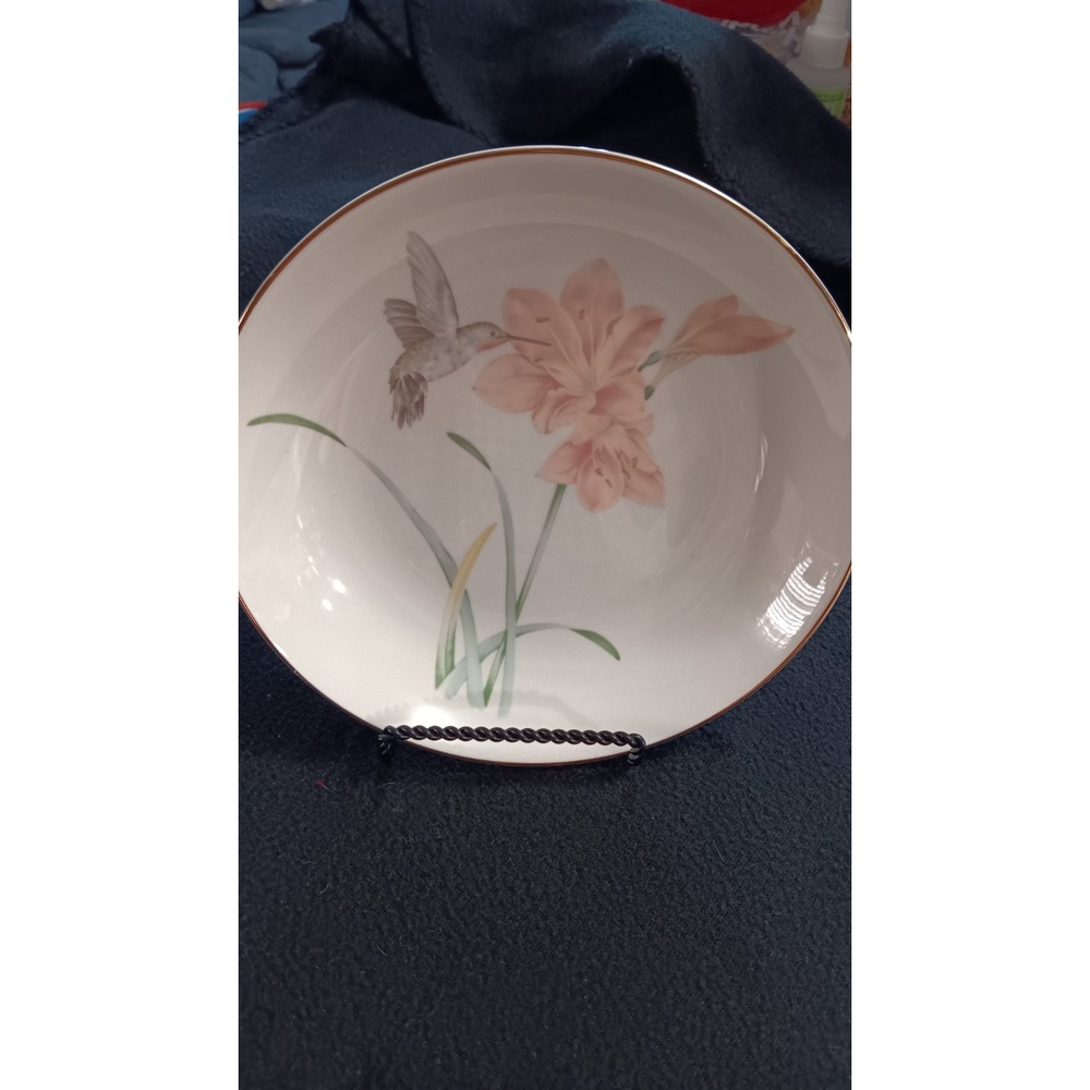 Vtg Rare Hummingbird Flower Porcelain Decorative Bowl Plate Gold Trim with Stand